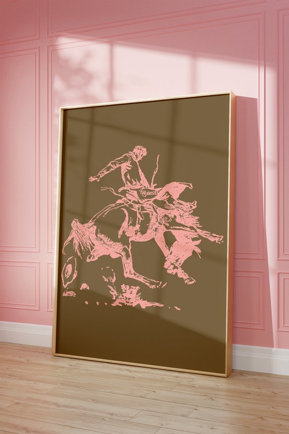 Vintage Cowboy Wall Art Western Wall Art Old West Poster Western Wall Art Bar Cart Dorm Retro Decor Wall Art Pink Illustration