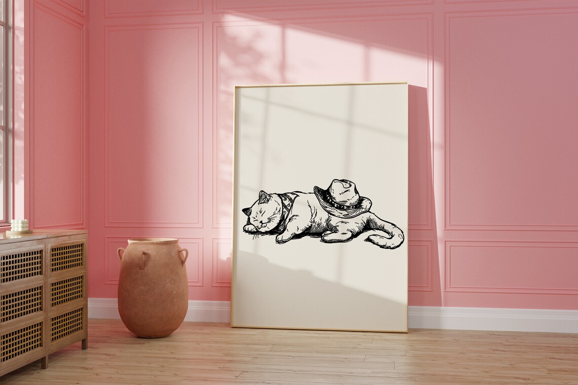 Cat Cowgirl Hat Print Neutral Print Vintage Art Western Girly Preppy Trendy Wall Art Cat Print Cowboy Hat Print Funky Western Art - Image 2