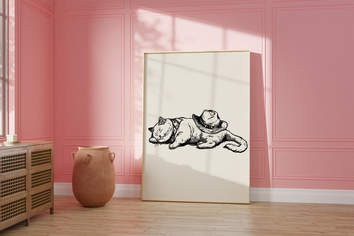 Sleeping Cat In Cowboy Hat Black Sketch Funny Cat Lover Wall Poster - Image 2
