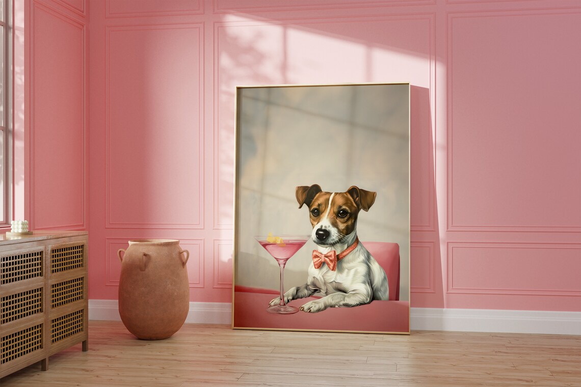 Jack Russell Terrier Bow Tie Pink Martini Funny Dog Portrait Poster - Image 2