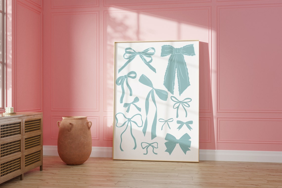 Dusty Blue Ribbon Bow Illustrations Collage Trendy Art Poster - Image 2
