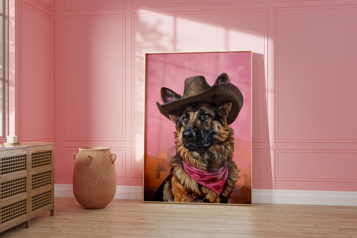 Dog Cowgirl Hat Print, Vintage Western Art Print