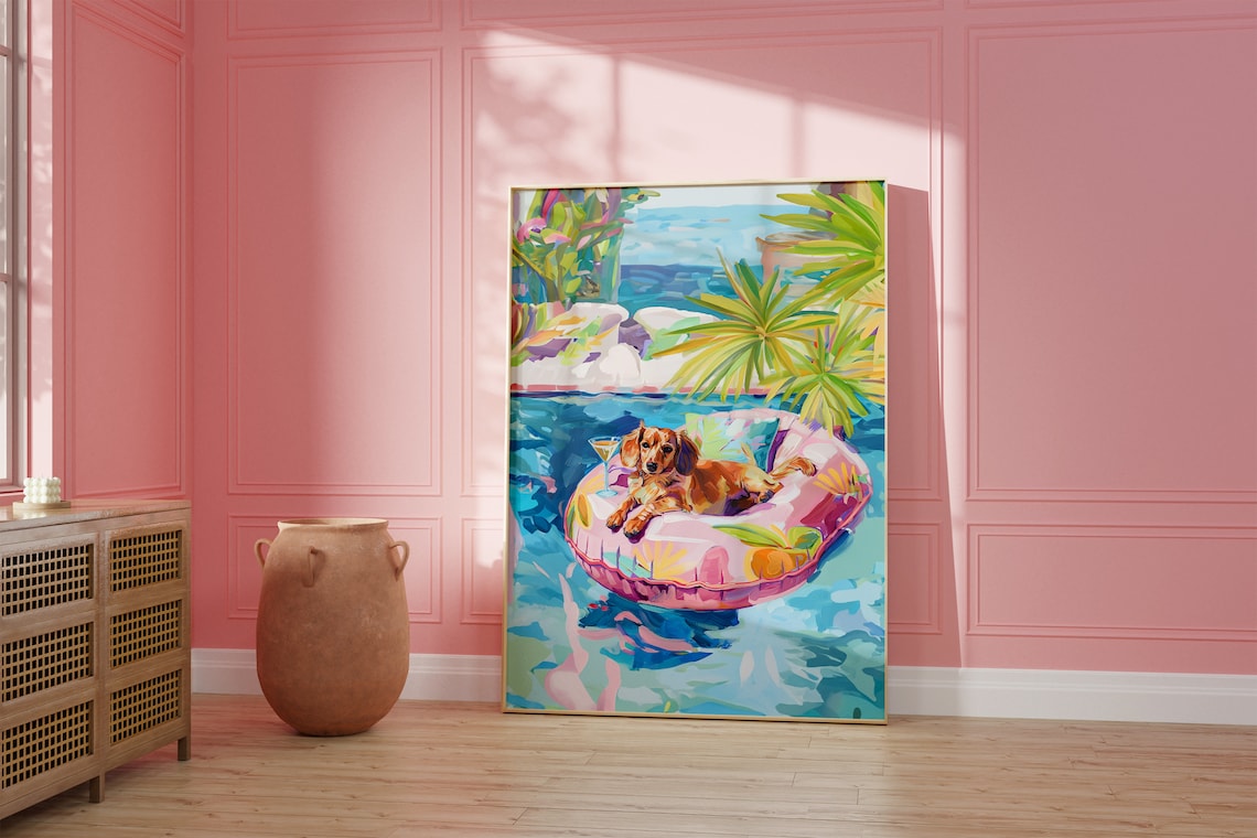 Pink Dachshund Funky Preppy Dog Art Print