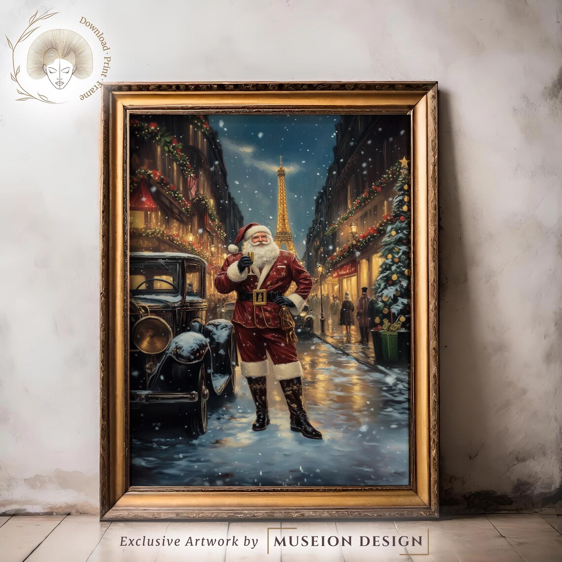 Santa Claus In Paris Christmas Poster Vintage Eiffel Tower Snowy Street