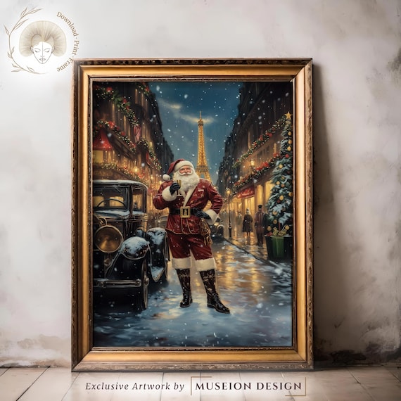 Santa Claus In Paris Christmas Poster Vintage Eiffel Tower Snowy Street