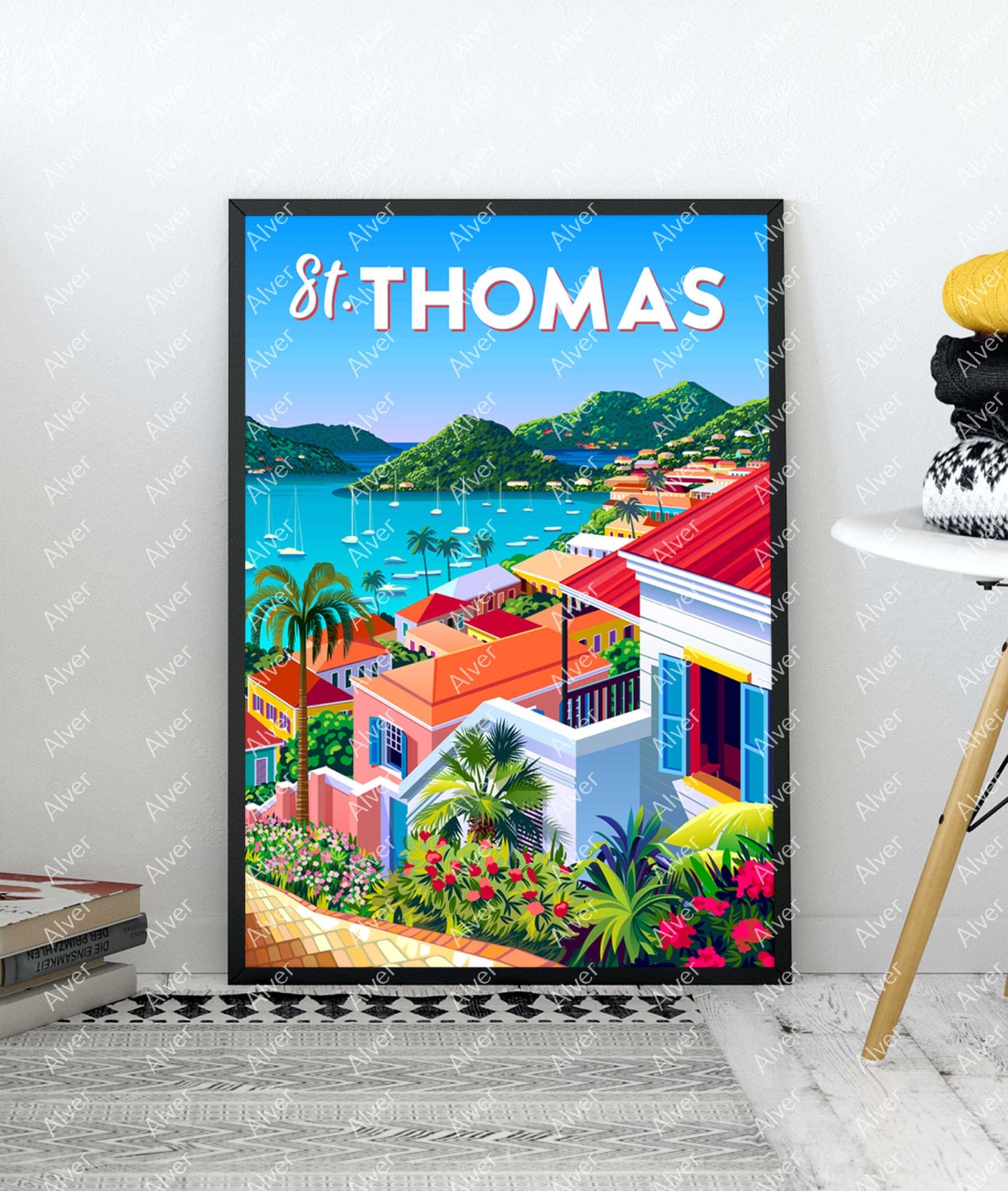 St. Thomas Virgin Islands Harbor Sailboats Coastal Town Poster - Image 3