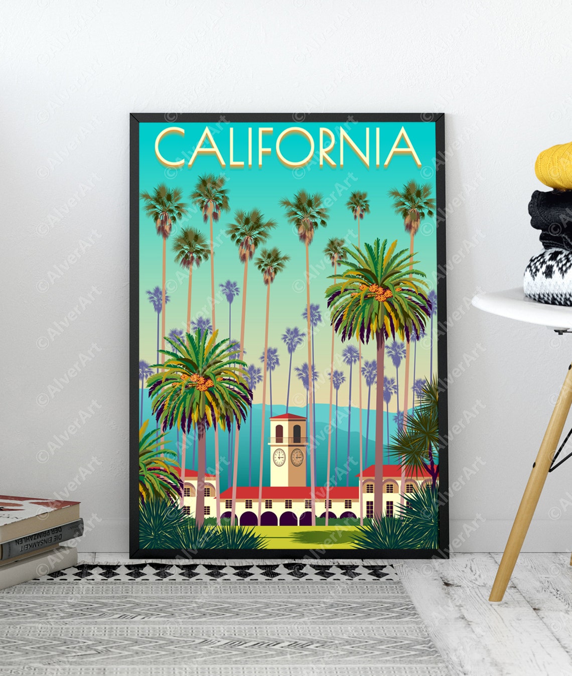 California Palm Trees Spanish Colonial Clock Tower Scene Poster - Image 3