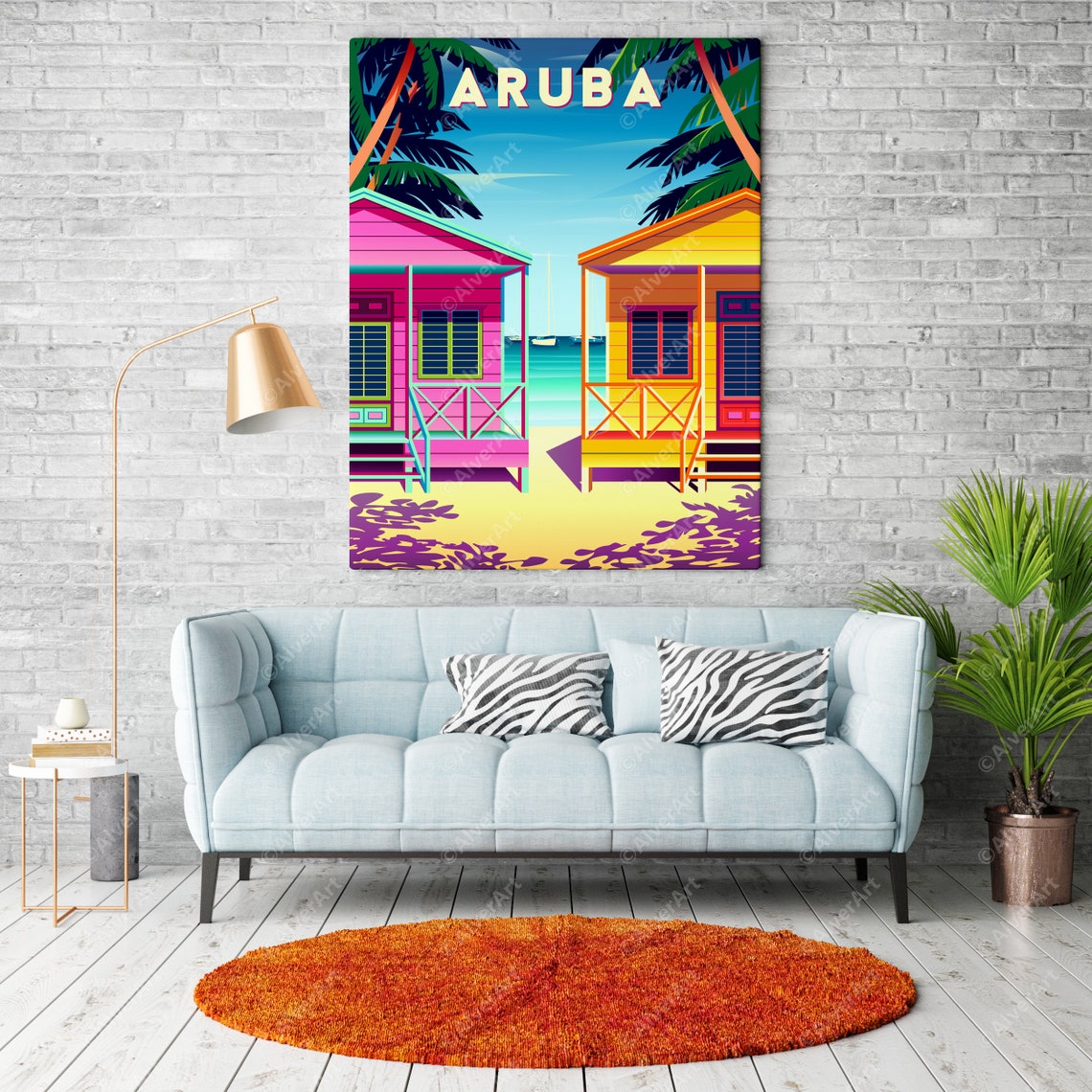 Aruba Caribbean Travel Poster With Colorful Beach Cabins and Sailboat - Image 2