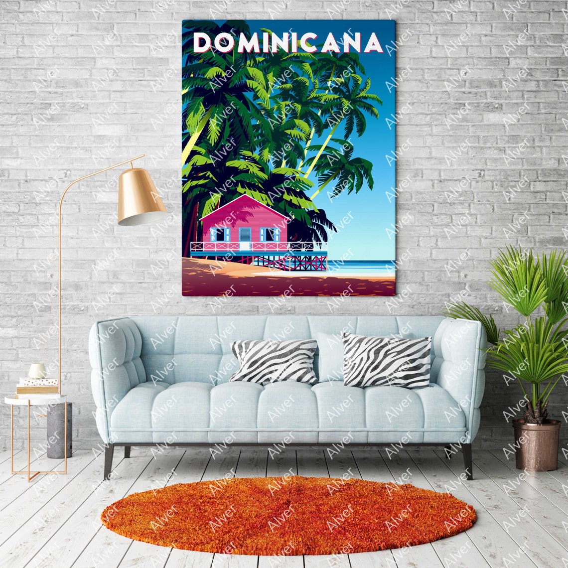 Dominicana Pink Beach House Palms Tropical Island Travel Poster - Image 2