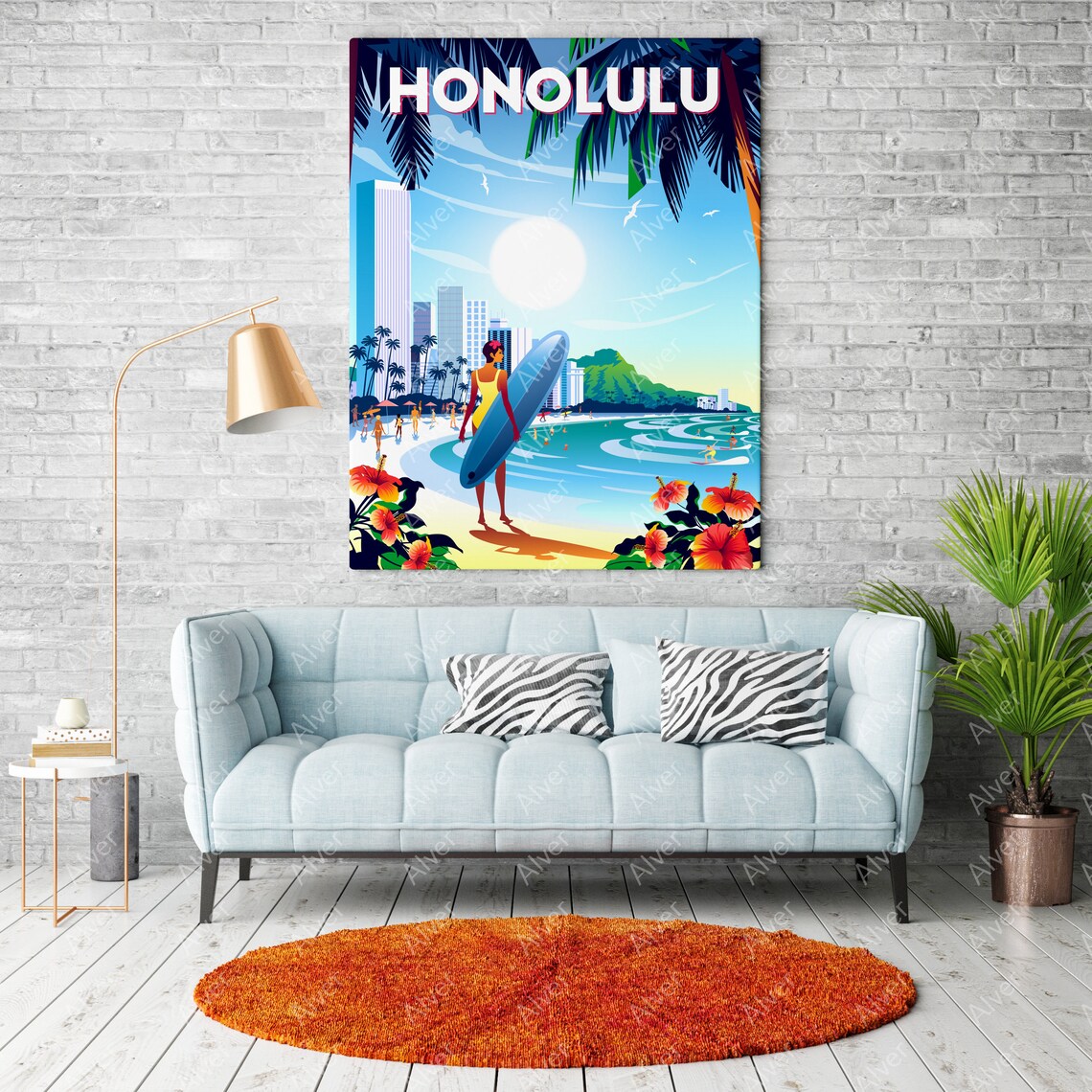 Honolulu Poster Hawaii Poster Hawaii Travel Print Surfing Wall Art Ocean Surfboard Wave Unframed - Image 2