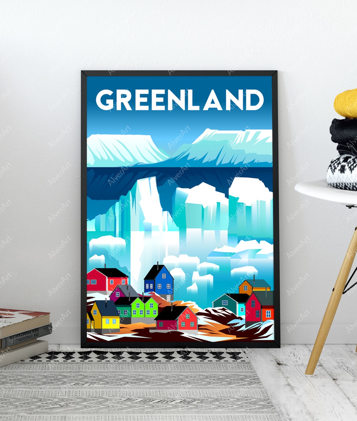 Greenland Colorful Houses Icebergs Arctic Glacier Scene Poster - Image 3