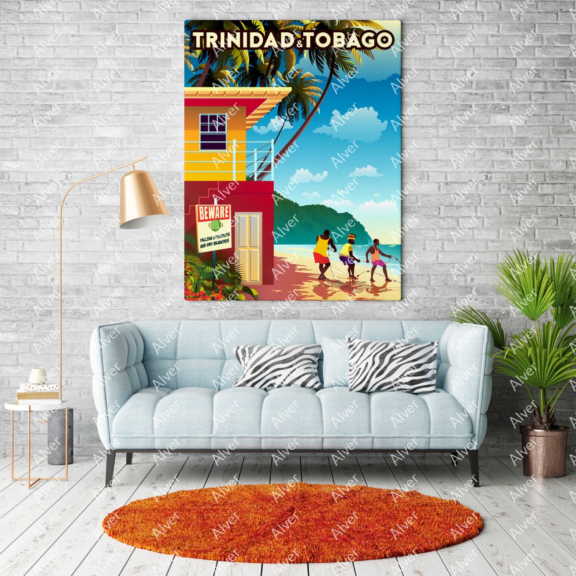 Trinidad and Tobago Beach Fishermen Vintage Caribbean Travel Poster - Image 2