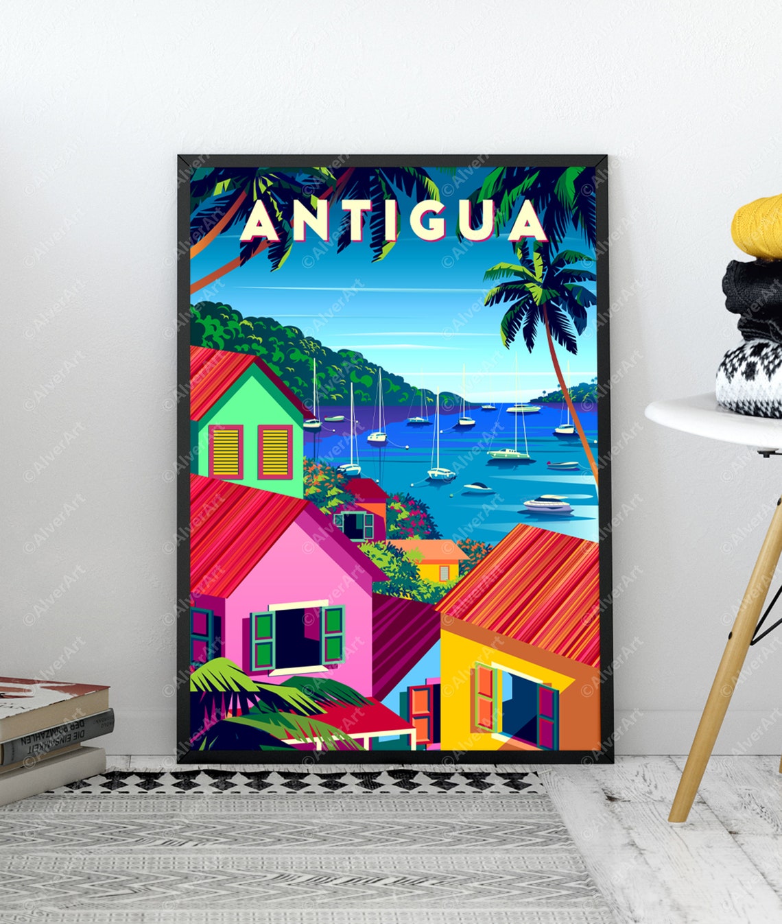 Antigua Caribbean Travel Poster With Colorful Houses and Sailboat Bay - Image 3