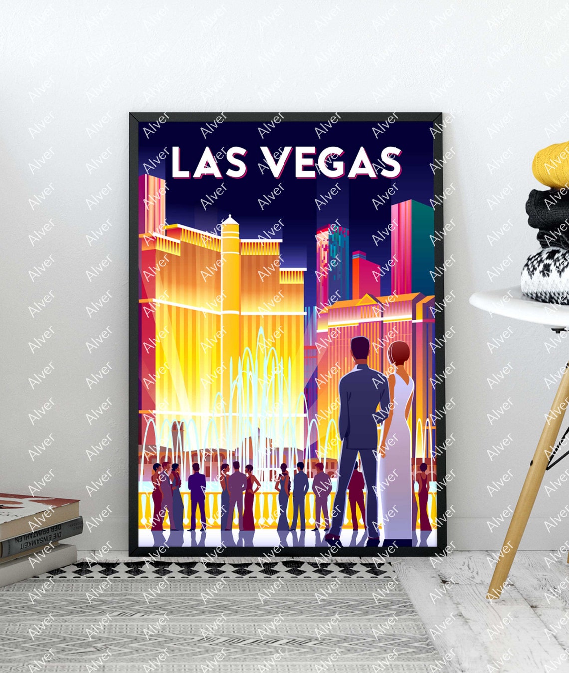 Las Vegas Strip Nevada Night Skyline Fountains Retro City Poster - Image 2