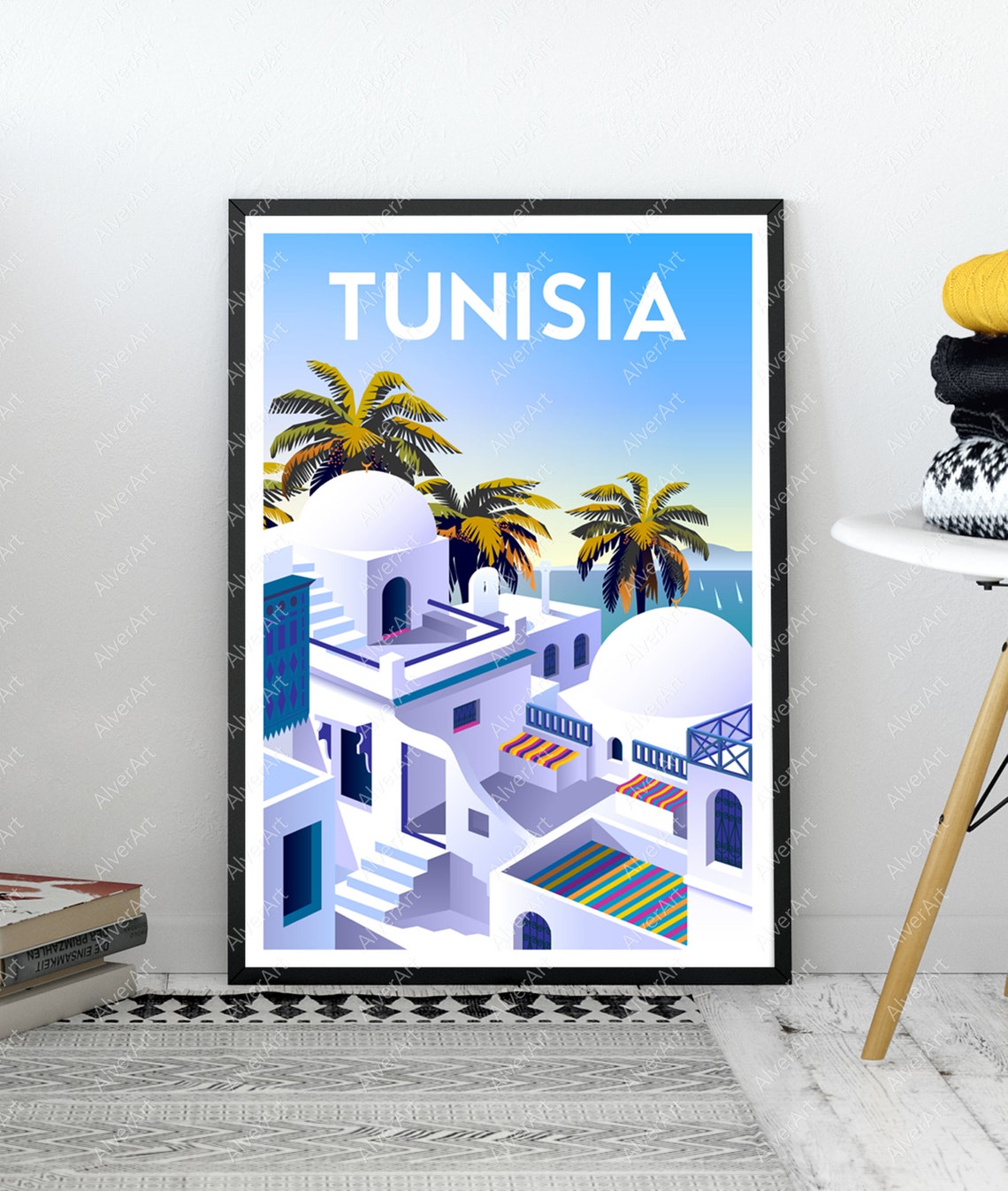 Tunisia Sidi Bou Said Travel Poster With Whitewashed Village and Palms - Image 3
