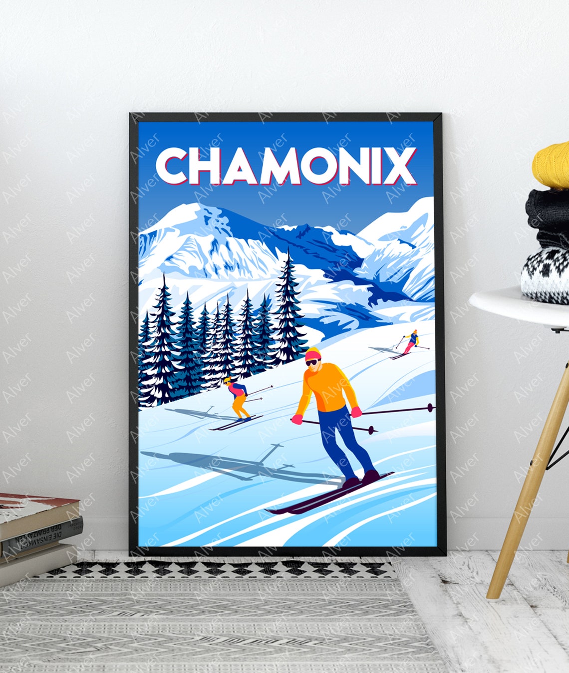 Chamonix Mont Blanc Skiers Snowy Slopes French Alps Scene Poster - Image 3