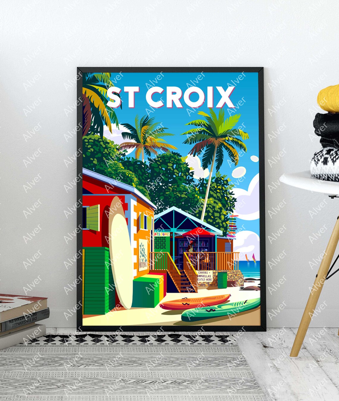 St Croix Tropical Beach Bar Kayaks Surfboard Caribbean Travel Poster - Image 3