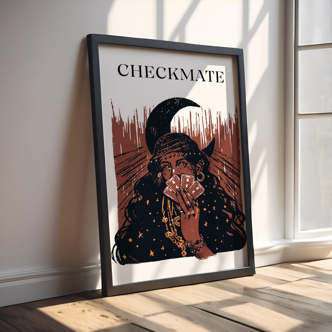 Checkmate Tarot Witch Crescent Moon Holding Cards Poster Mystical Art - Image 3