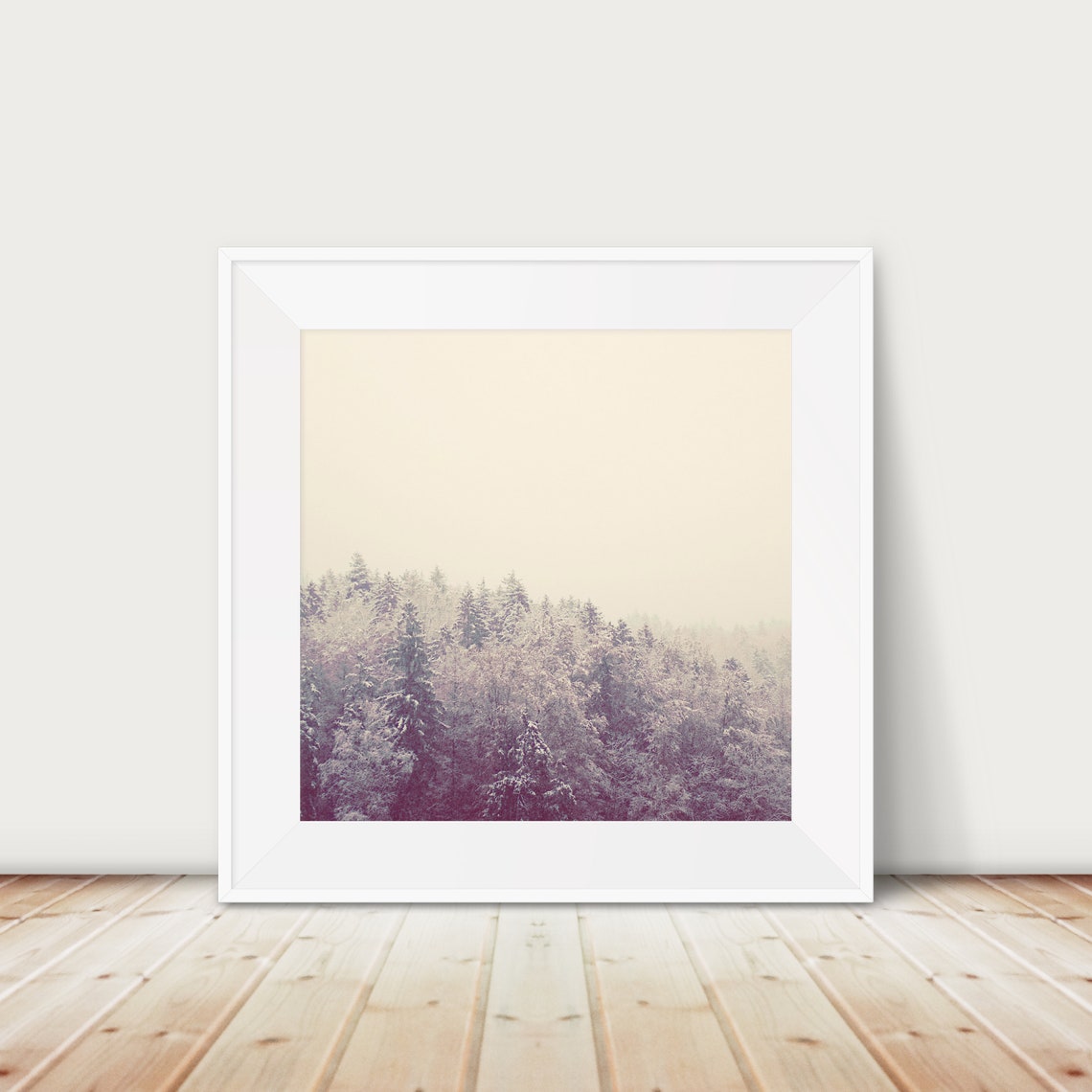 Misty Snow Covered Pine Forest Photography Print in Soft Winter Tones