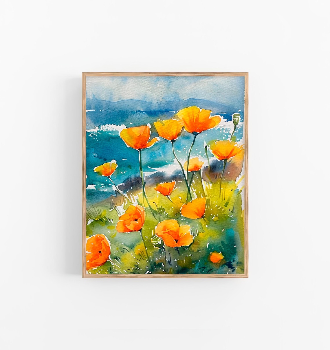 California Poppies Watercolor Art Print, Coastline