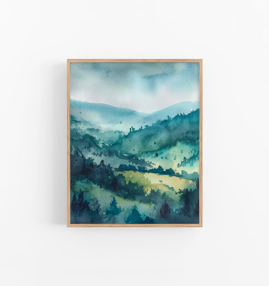 Misty Teal Mountain Valley Watercolor Rocky Peaks Landscape Poster
