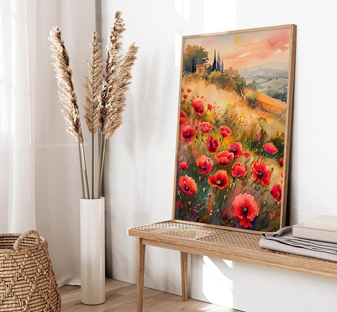 Tuscany Red Poppy Fields Italian Countryside Sunset Wall Art - Image 4