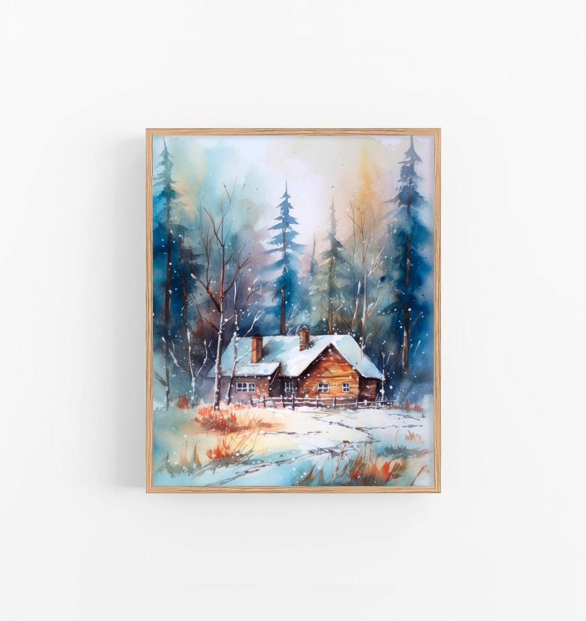 Snowy Winter Cabin Watercolor Forest Log House Landscape Poster - Image 4