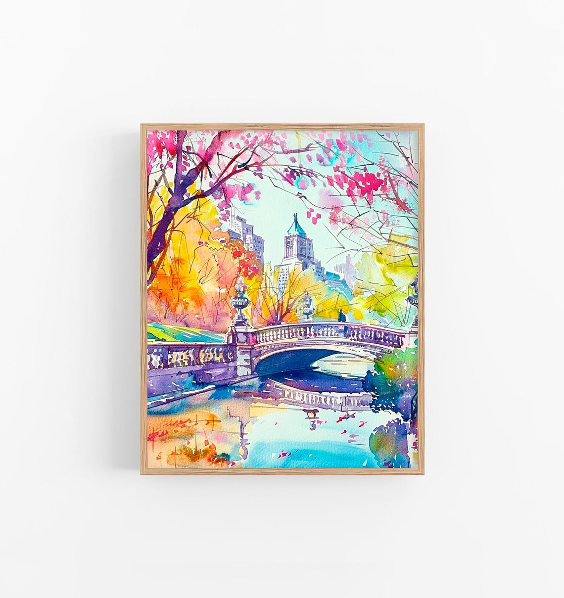Bow Bridge Central Park Watercolor Spring Blossoms Colorful Art Print