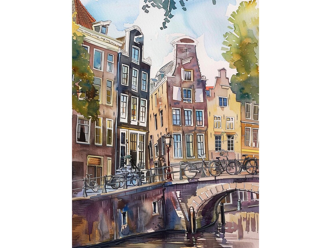 Amsterdam Watercolor Cityscape Travel Poster