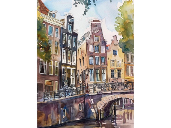 Amsterdam Watercolor Cityscape Travel Poster