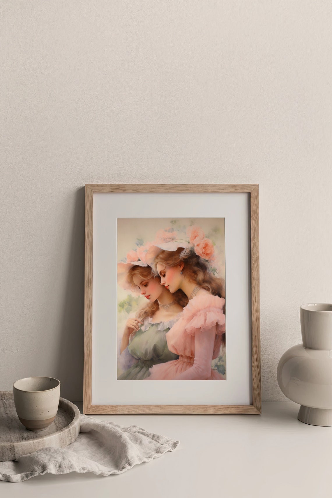 Two Sisters Romantic Portrait Vintage Dresses Floral Hats Art Poster - Image 3