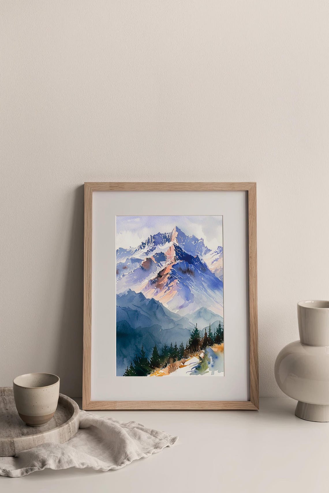 Snowy Blue Mountain Peaks Pine Trees Watercolor Winter Poster - Image 2
