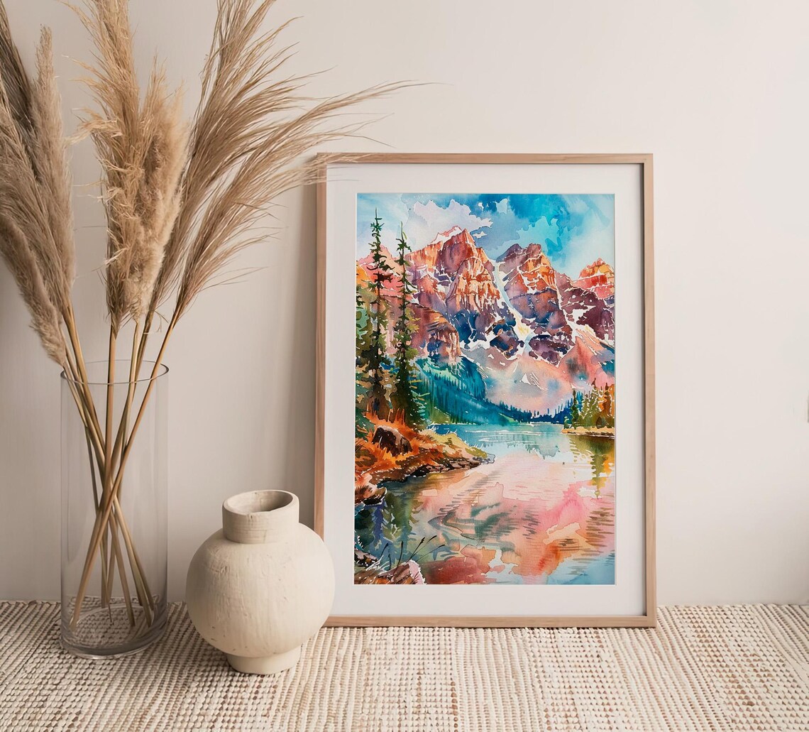 Colorado Rocky Mountains Sunset Lake Pines Watercolor Poster - Image 4