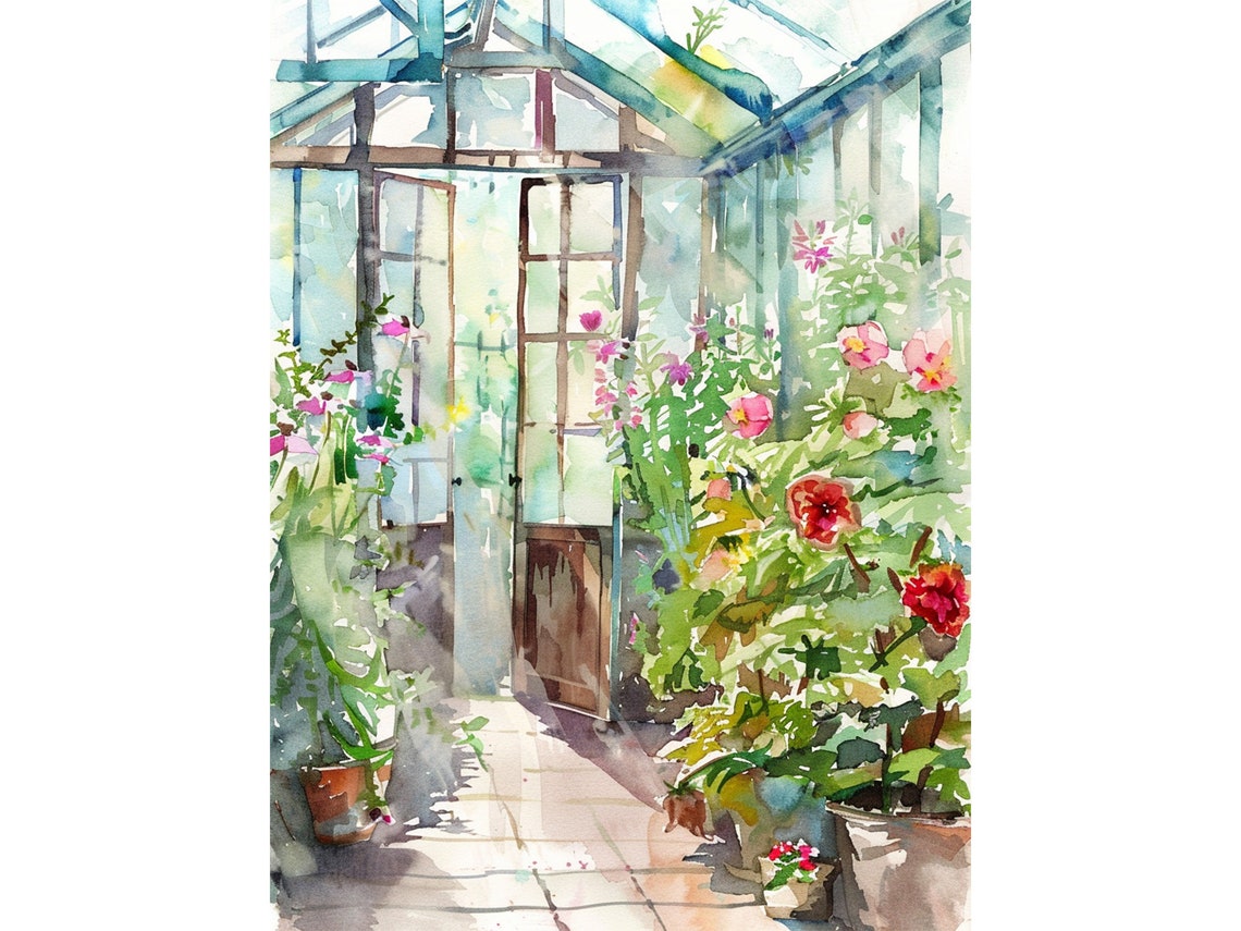 Greenhouse Interior Flowering Plants Sunlit Watercolor Poster