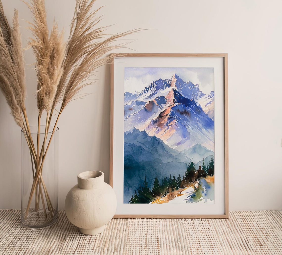 Snowy Blue Mountain Peaks Pine Trees Watercolor Winter Poster - Image 4