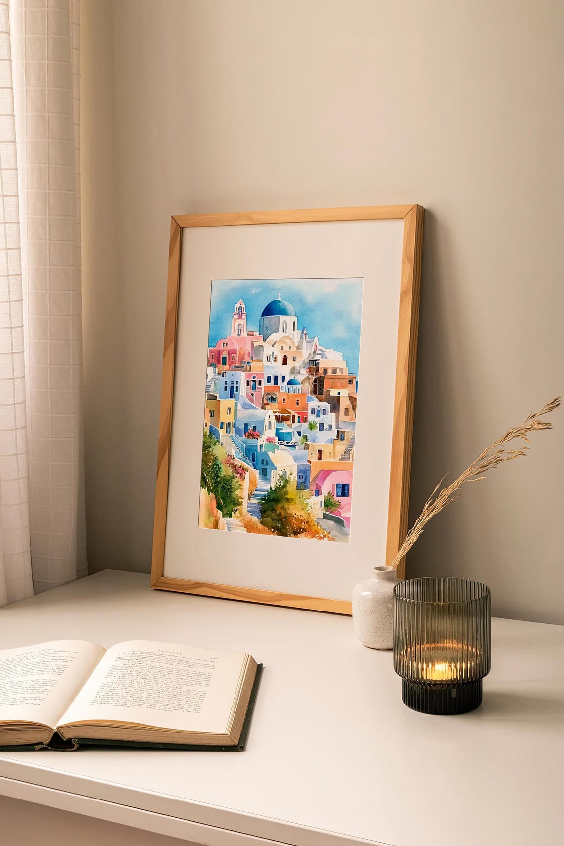 Santorini Blue Dome Church Whitewashed Houses Greece Watercolor Poster - Image 2