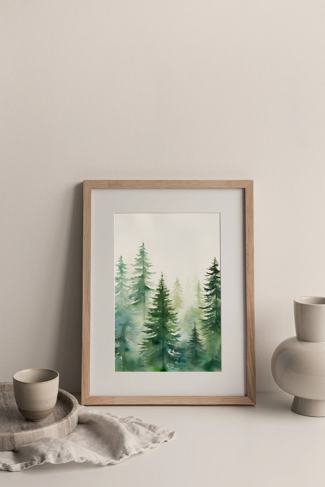 Misty Evergreen Pine Forest Fog Watercolor Nature Landscape Poster - Image 3
