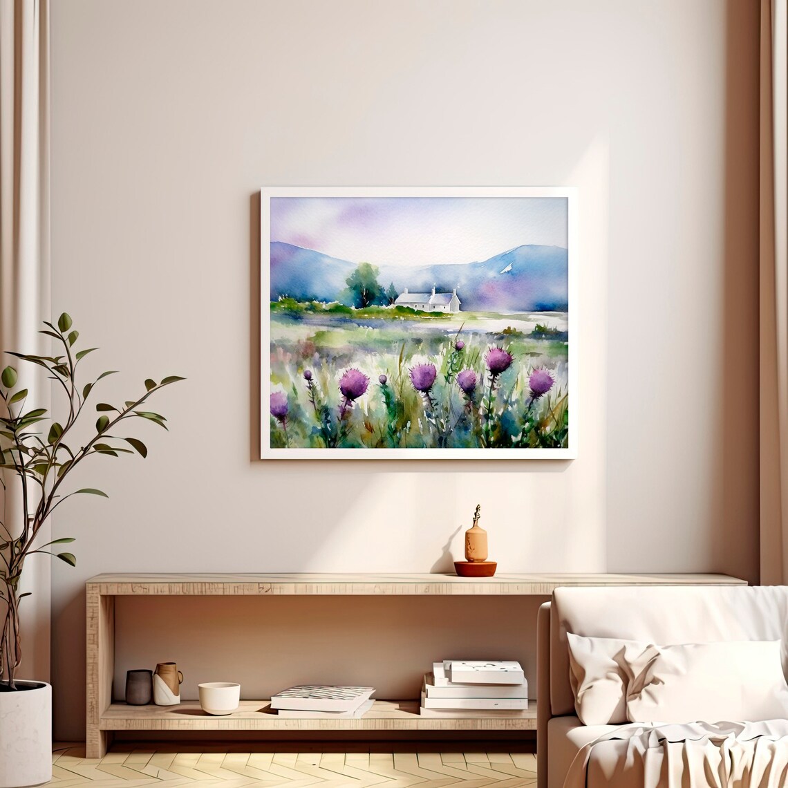 Scottish Landscape Watercolor Art Print, Thistle Fields - Image 2