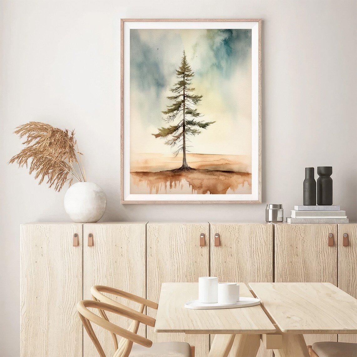 Stunning Lone Pine Tree Minimalist Sepia Sky Watercolor Poster - Image 5