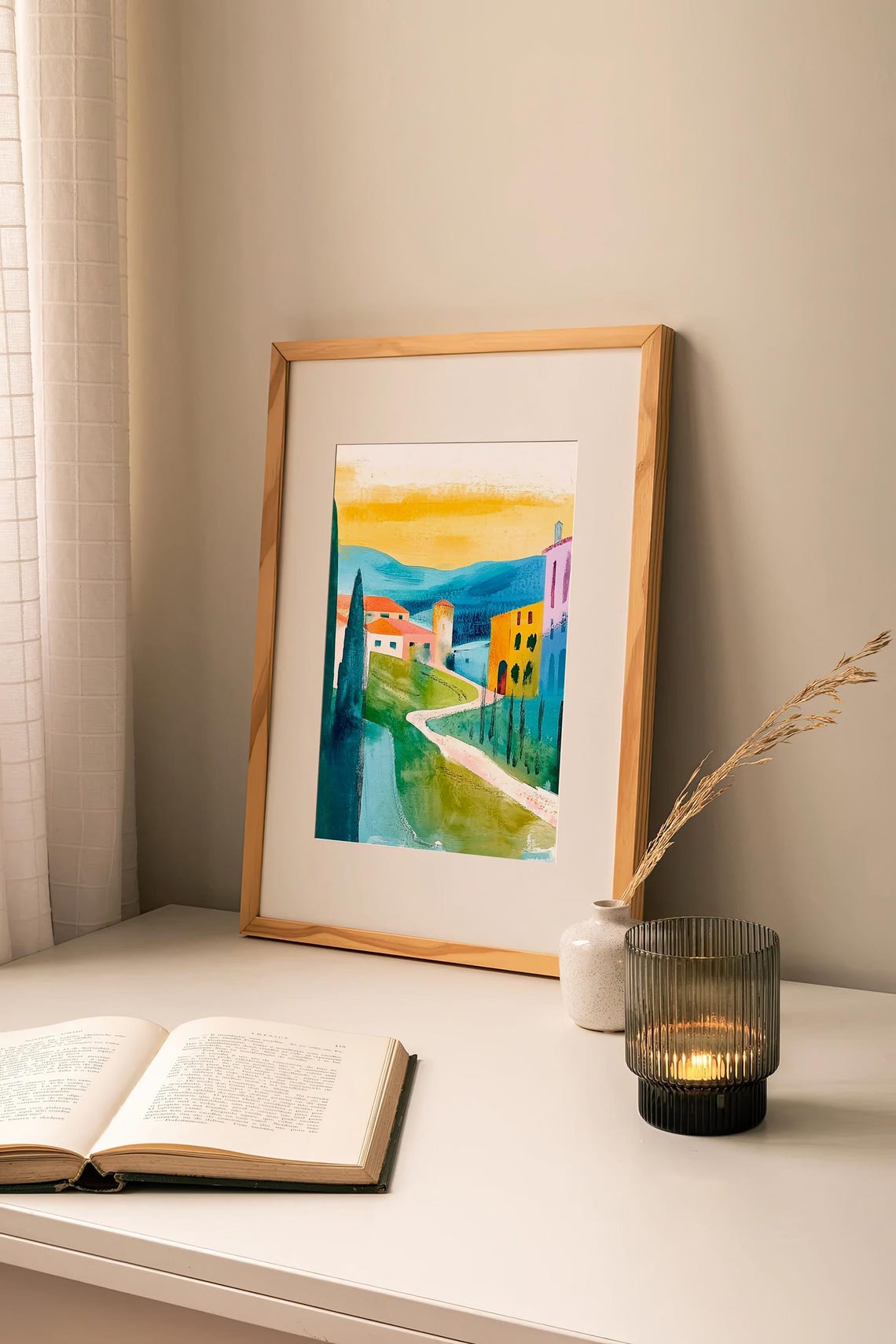 Colorful Tuscany Hillside Village Cypress Sunset Watercolor Art Print - Image 2