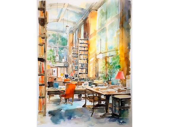 Boston Library Watercolor Art Print, Books Wall Art