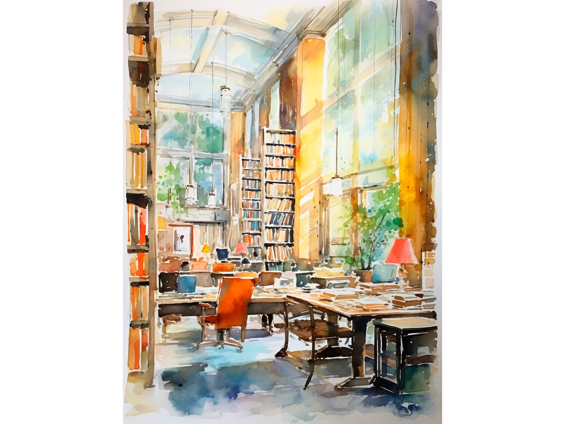 Boston Library Watercolor Art Print, Books Wall Art