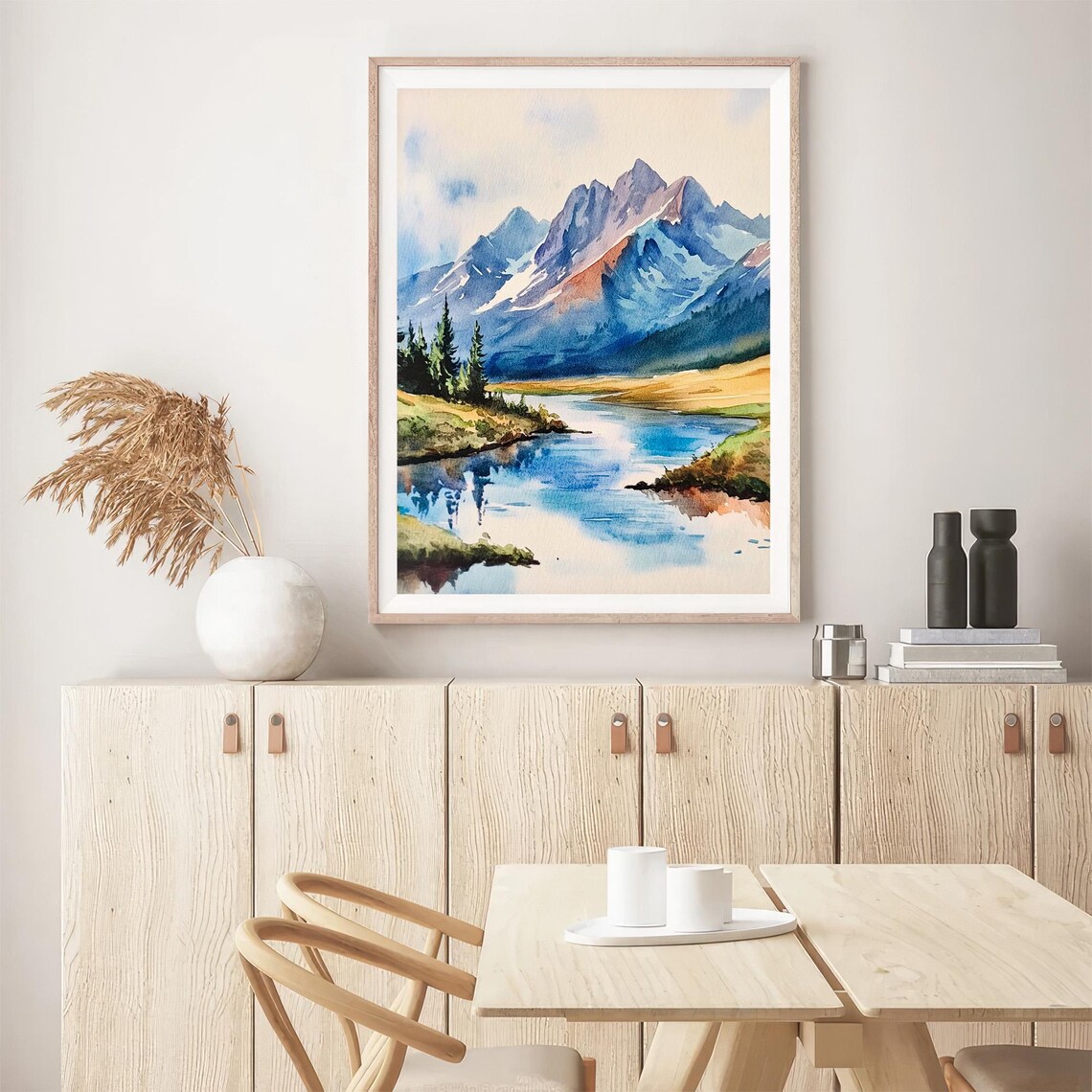 Alpine Mountain Lake Watercolor Blue Peaks River Pines Landscape Print - Image 5
