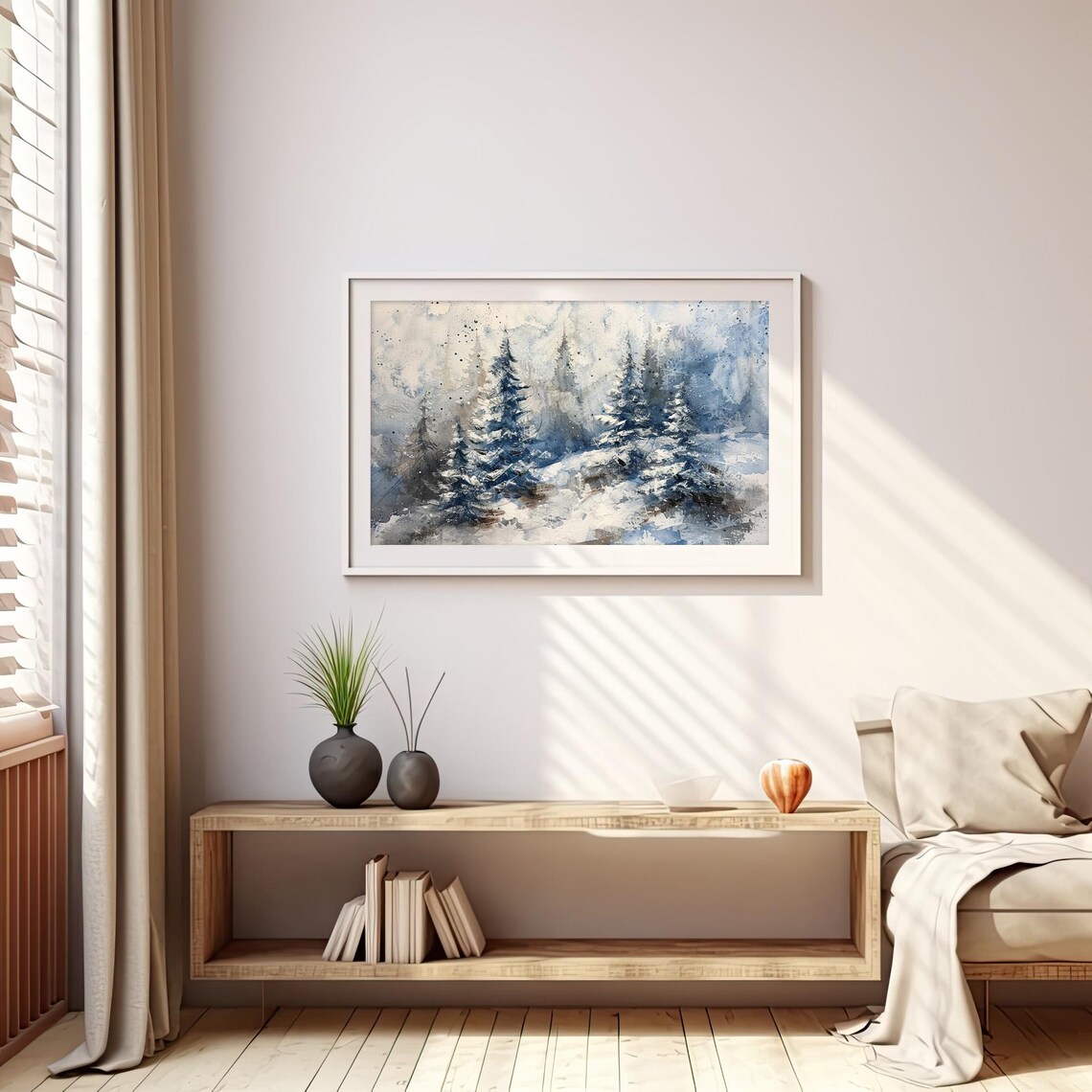 Stunning Snowy Blue Pine Forest Winter Wonderland Watercolor Poster - Image 5
