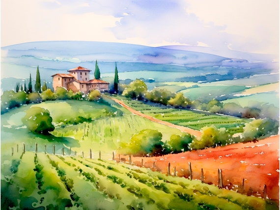 San Gimignano Watercolor Art Print, Tuscany Landscape