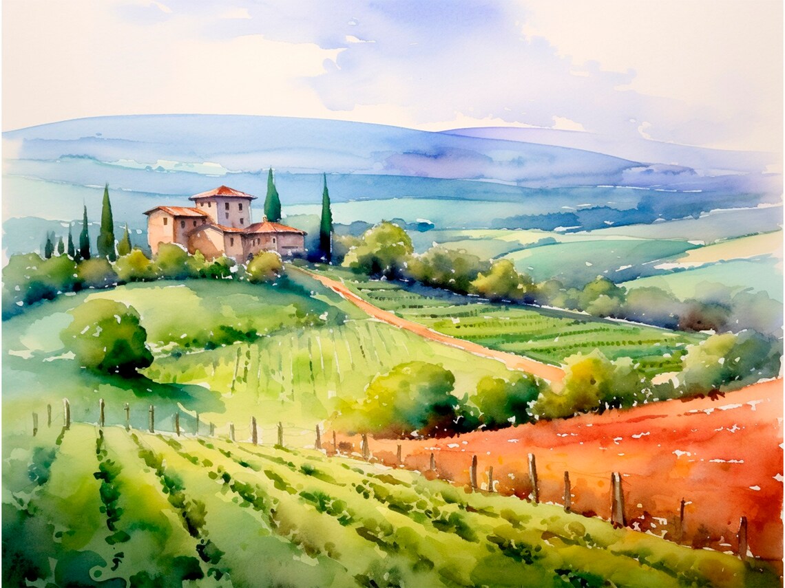 San Gimignano Watercolor Art Print, Tuscany Landscape