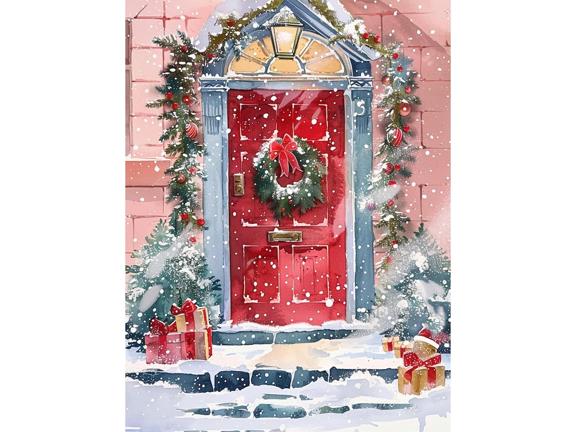 Christmas Doorway Watercolor Art Print, Winter Holiday