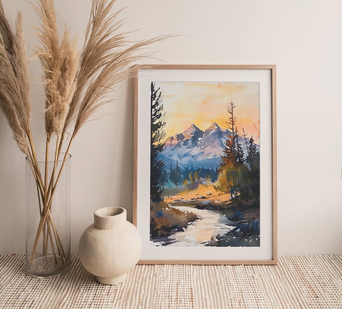 Colorado Mountain Lake Sunrise Pine Forest Watercolor Poster Nature - Image 4