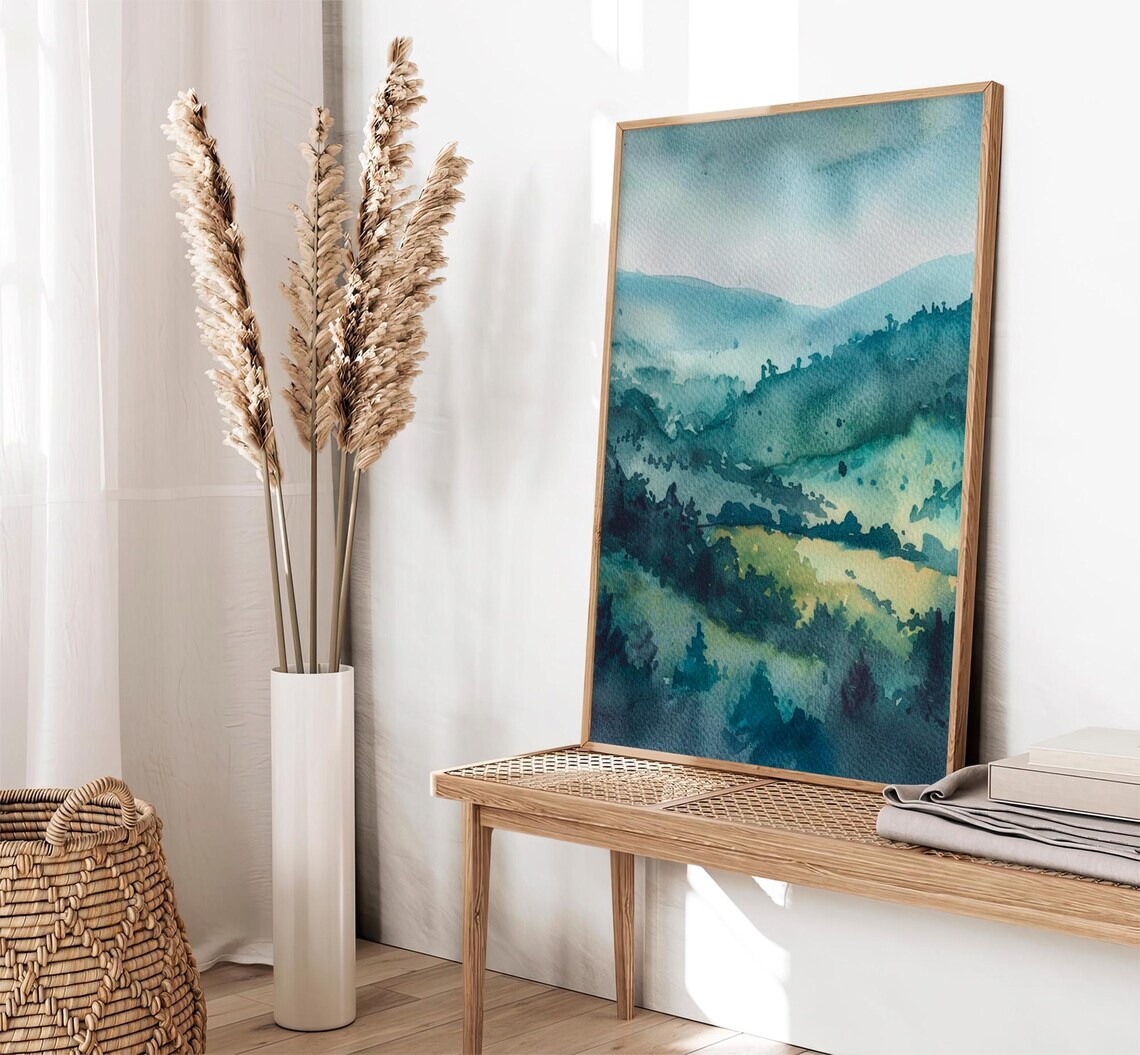 Misty Teal Mountain Valley Watercolor Rocky Peaks Landscape Poster - Image 2