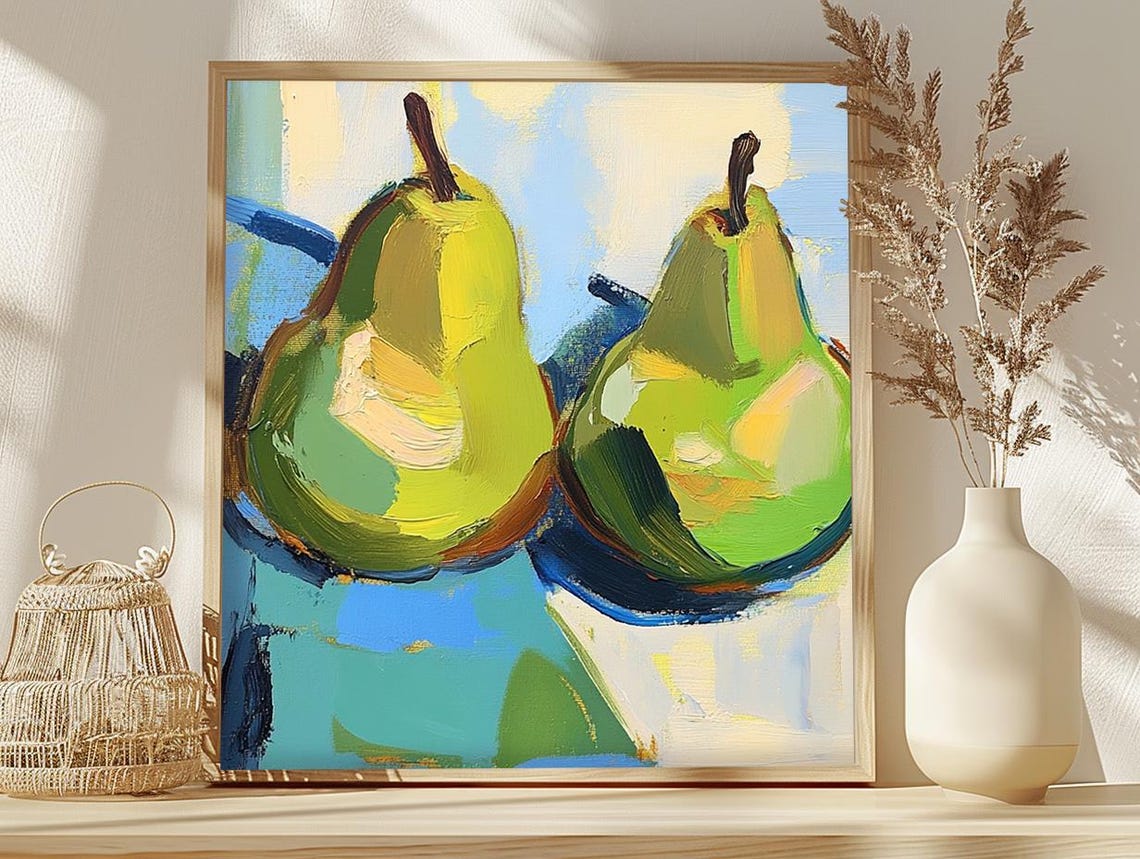 Two Green Pears Oil Painting Impasto Fruit Still Life Poster - Image 3